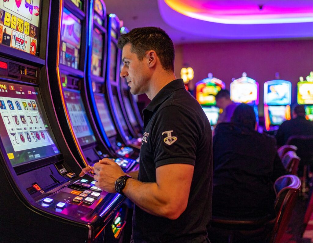 Australian gaming attendant using a betting machine to check winning tickets