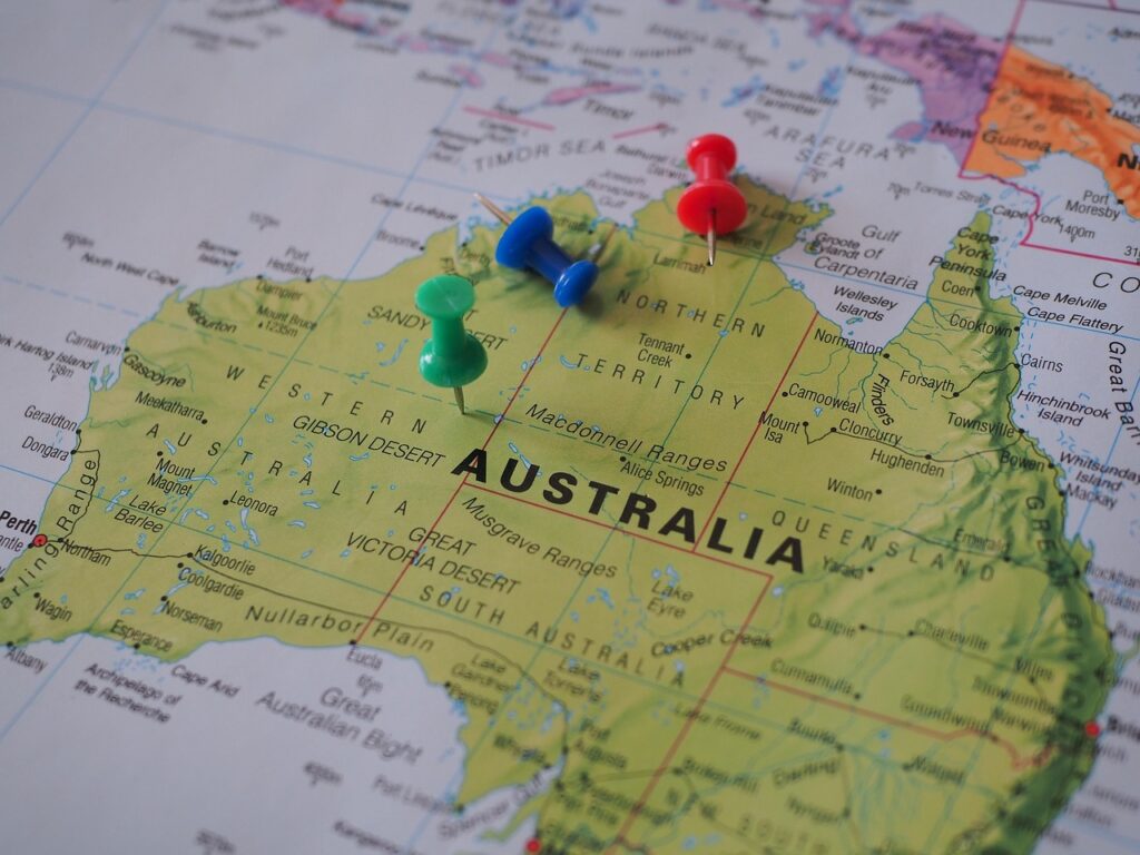 Map of Australia with pins marking different regions