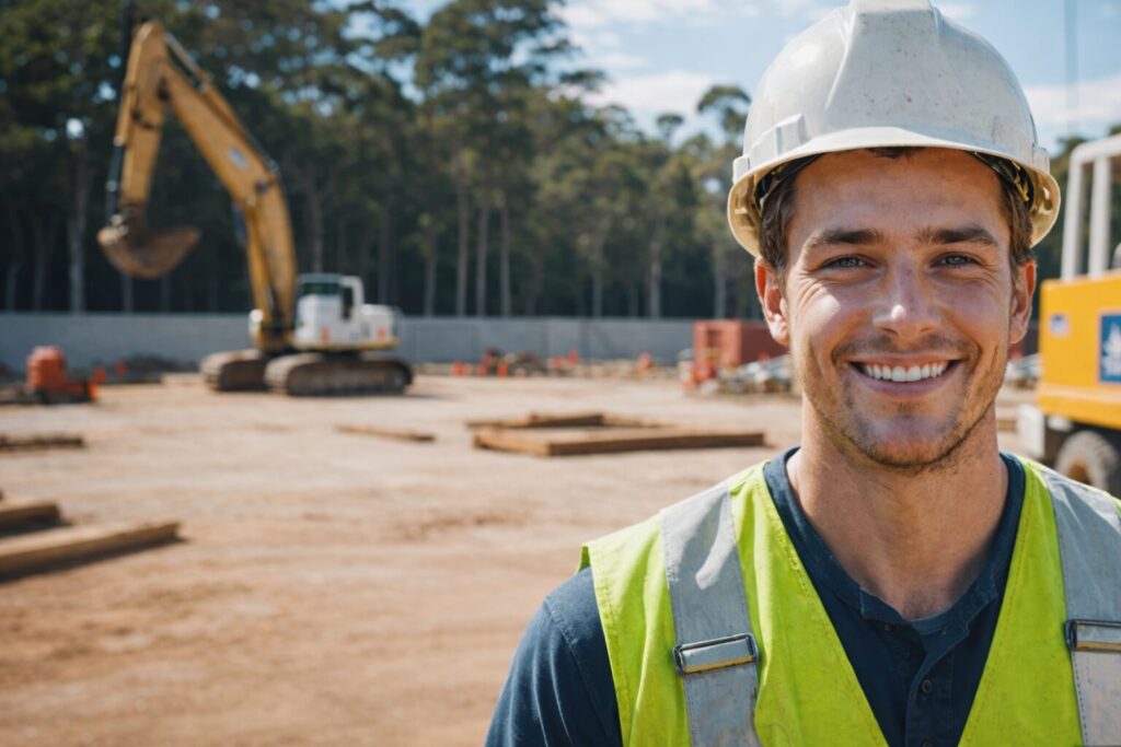 Construction worker on site in NSW smiling