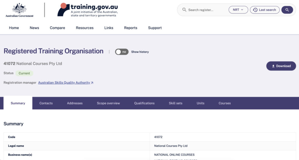 Training Gov website with RTO number