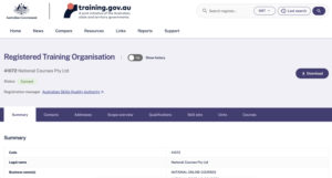 Training Gov website with RTO number