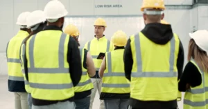 Construction site safety briefing with a group of workers