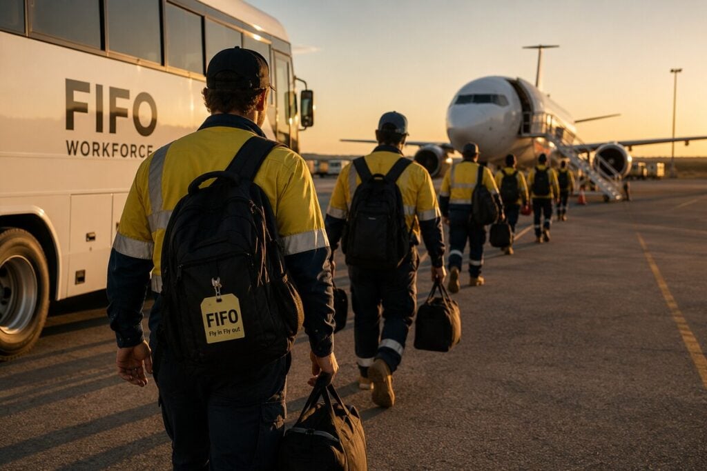 FIFO workers heading to plane at sunset