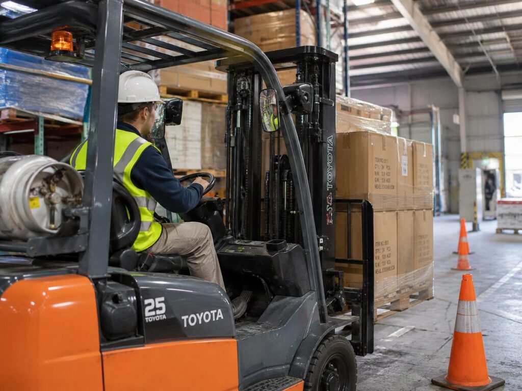 worker at a mining site driving a forklift